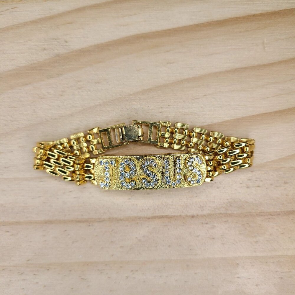 Vtg Gold Tone Rhinestone "Jesus" Bracelet Religious Jewelry 6.25"